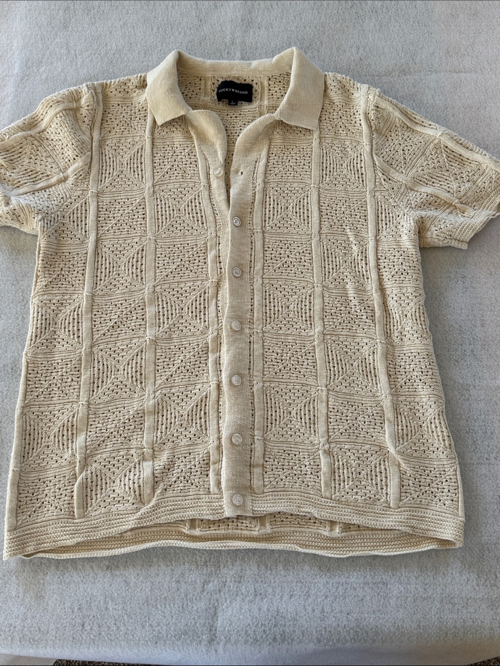 Lucky Brand Cream Openwork Knit Polo Cardigan